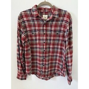 True Craft Men's Flannel Button-Down Shirt Red Plaid Long Sleeve M Cabincore